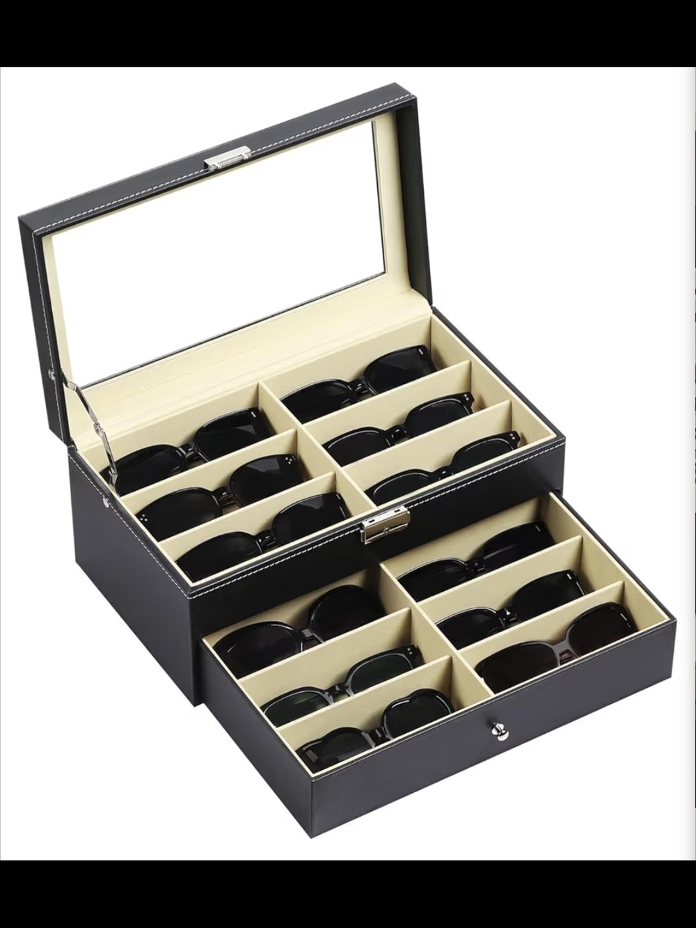 Luxury Black Leather Sunglass Case with Glass Top